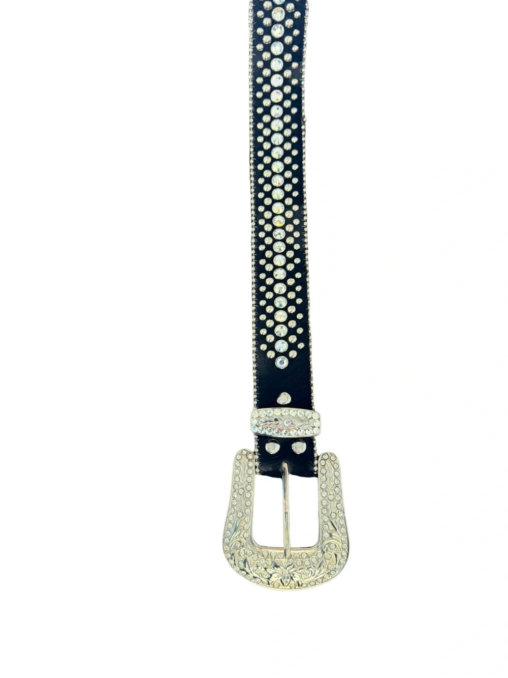 bb Simon Crystal Rhinestone Studded Leather Belt Black Silver Western Medium